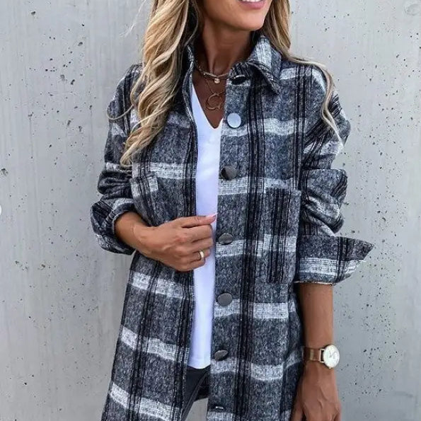 Loose Retro Plaid Coat featuring a stylish plaid button-down shirt jacket design