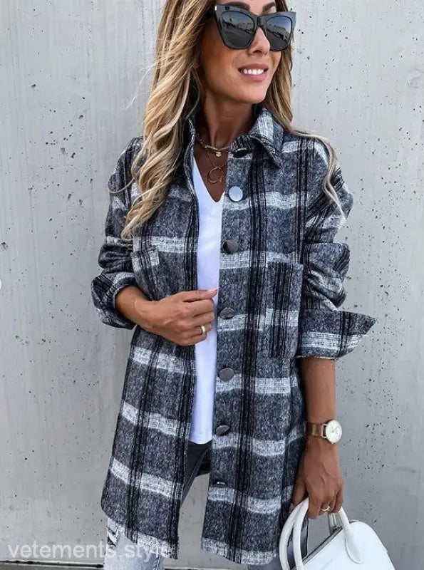 Loose Retro Plaid Coat featuring a stylish plaid button-down shirt jacket design