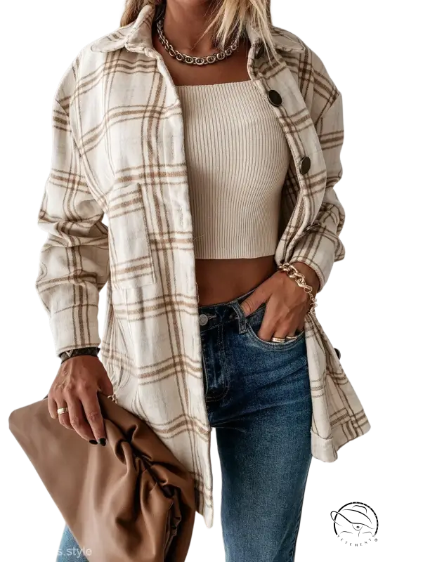Loose retro plaid coat with button-down shirt detail