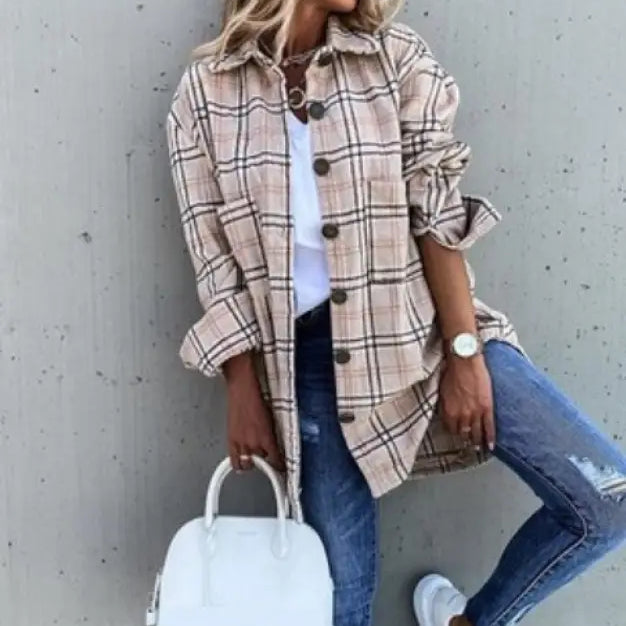 Woman’s plaid button-down shirt featured in a Loose Retro Plaid Coat for Spring and Fall