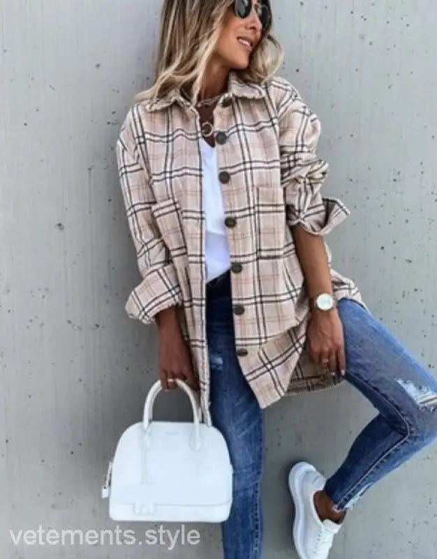 Woman’s plaid button-down shirt featured in a Loose Retro Plaid Coat for Spring and Fall