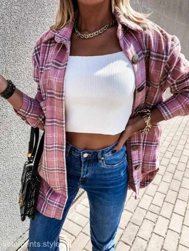 Loose Retro Plaid Coat for Spring and Fall featuring a pink plaid flannel shirt design