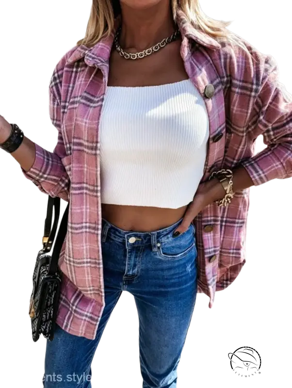 Pink plaid flannel shirt in loose retro plaid coat for spring and fall