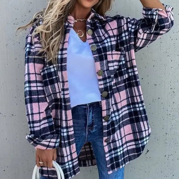 Loose Retro Plaid Coat featuring a Pink and Black Plaid Button-Down Shirt design