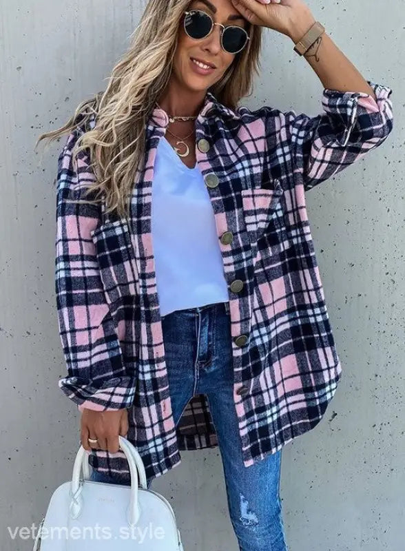Loose Retro Plaid Coat featuring a Pink and Black Plaid Button-Down Shirt design