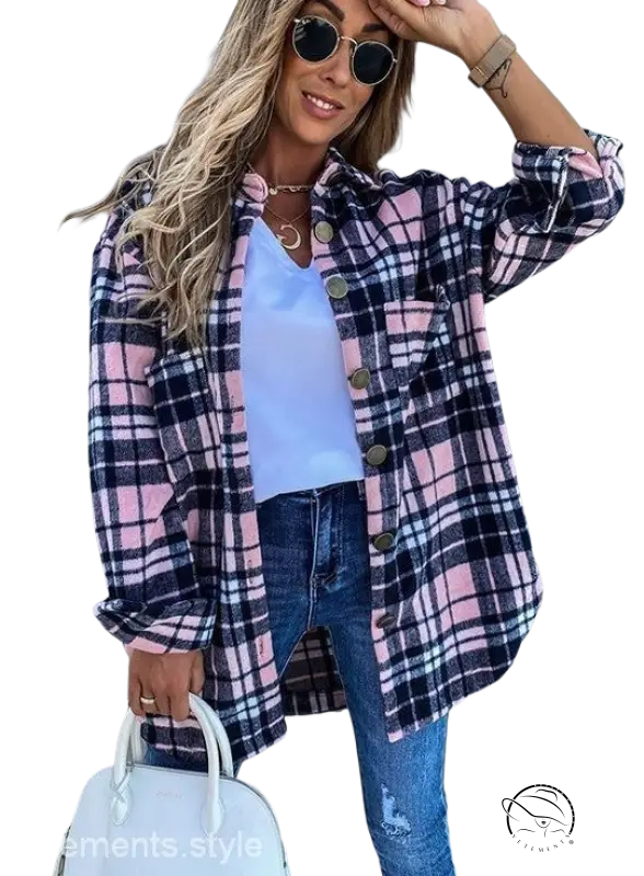 Pink and black plaid loose retro coat for spring and fall