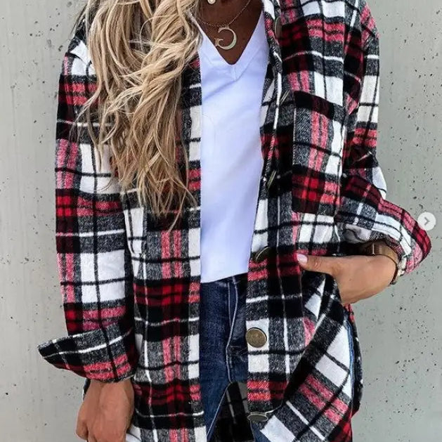 Red and black plaid shacket from Loose Retro Plaid Coat for Spring and Fall collection