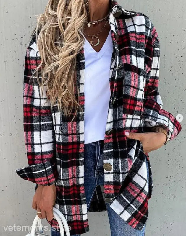 Red and black plaid shacket from Loose Retro Plaid Coat for Spring and Fall collection