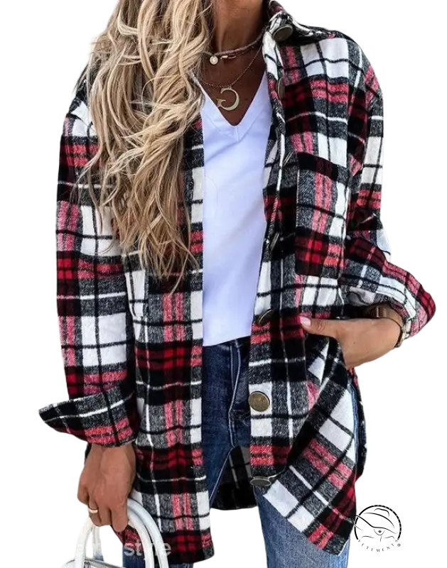 Red and black plaid shacket in loose retro plaid coat style