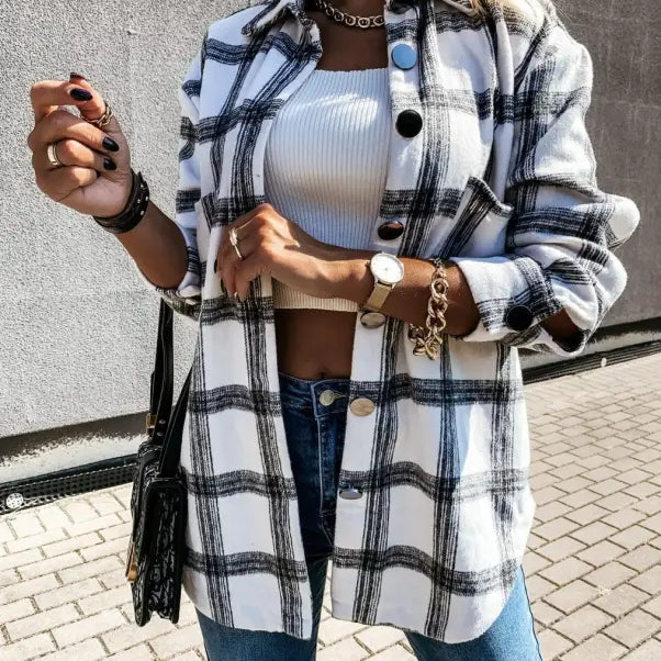 Loose Retro Plaid Coat featuring a stylish plaid button-down shirt design for spring and fall