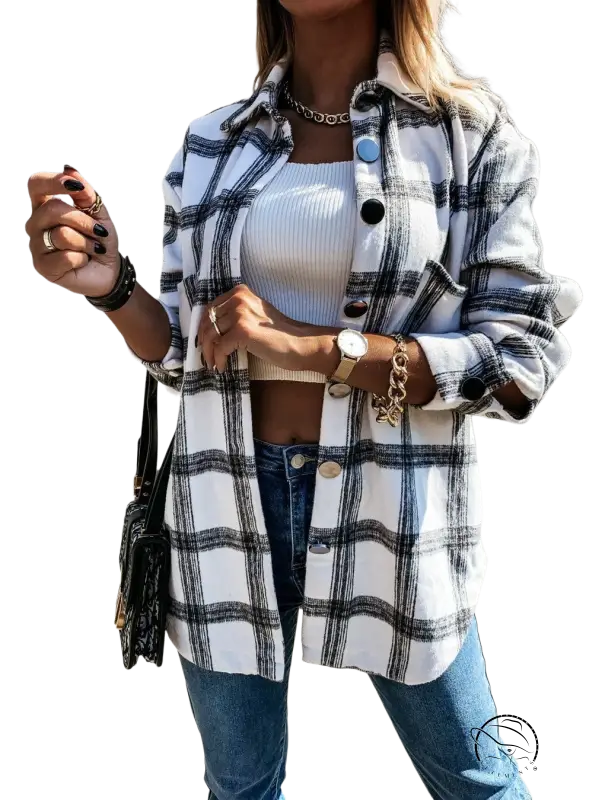 Loose retro plaid coat with button-down shirt for spring and fall