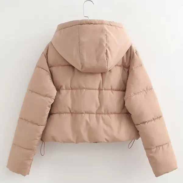 Beige hood cotton jacket, loose short design with pocket and zipper for Fall/Winter