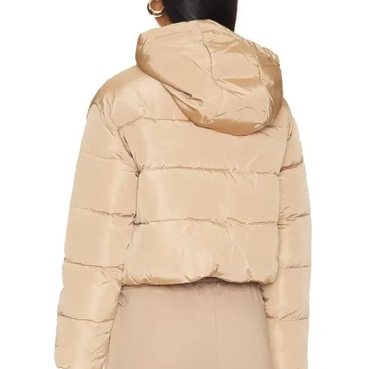 Beige hooded puffer jacket, a stylish loose short cotton jacket for fall and winter