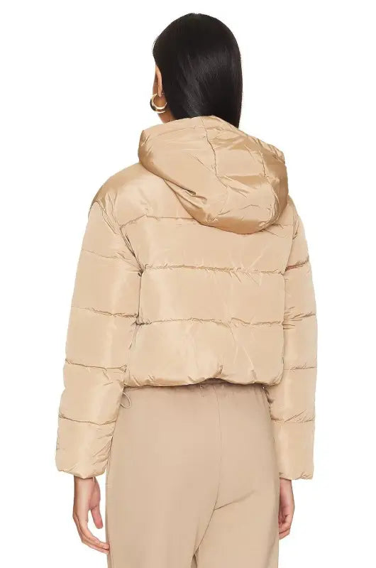 Beige hooded puffer jacket, a stylish loose short cotton jacket for fall and winter