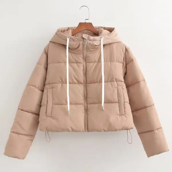 Beige loose short cotton jacket with hood, pocket, and zipper for Fall/Winter