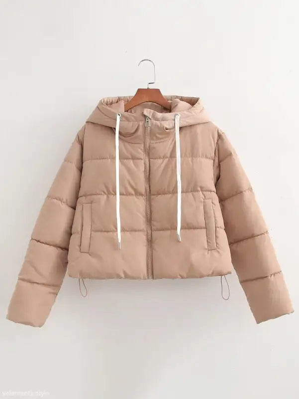 Beige hooded puffer jacket, loose short cotton jacket with pocket and zipper for Fall/Winter