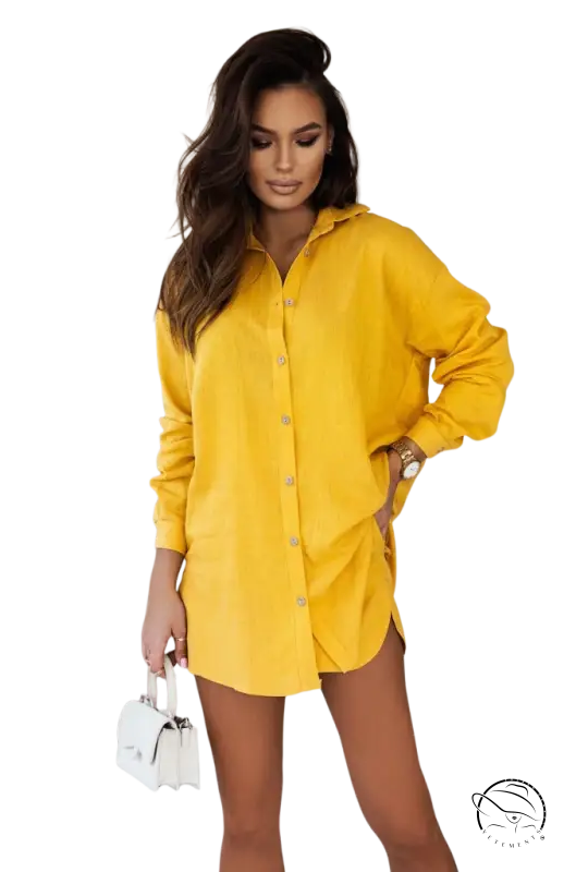 Bright yellow Los Angeles casual loose cotton blend lantern sleeve shirt dress
