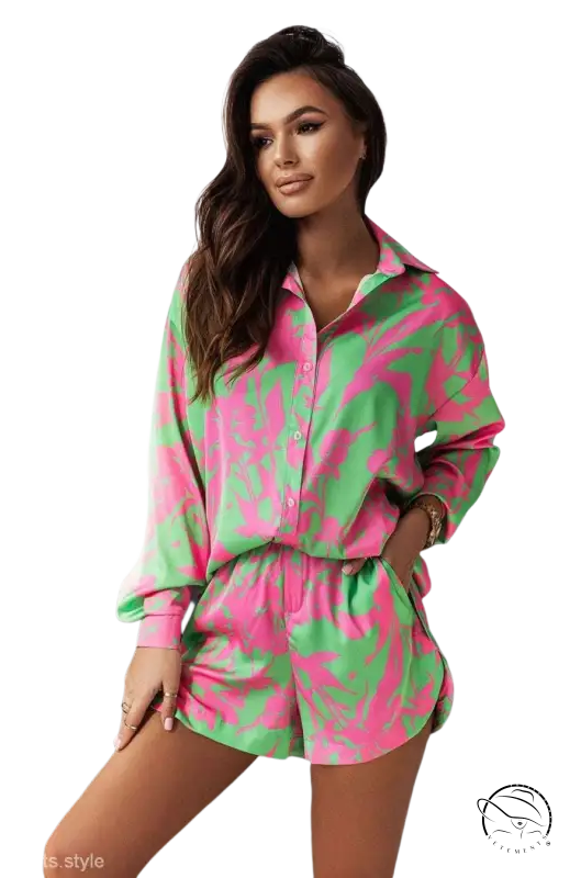 Los Angeles casual summer loose shirt in vibrant pink and green abstract pattern