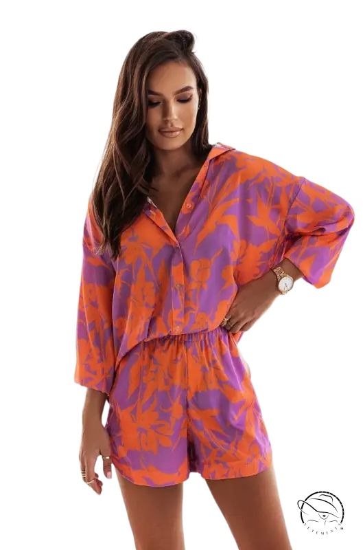 Los Angeles casual summer loose cotton romper in orange purple leaf pattern