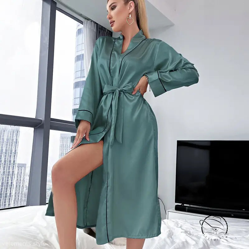 Lotus root satin teal robe with black piping and belted waist