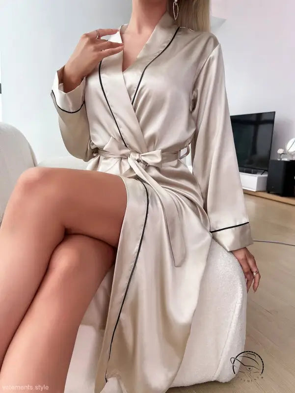 Lotus root satin sexy cardigan bathrobe with black piping and belt