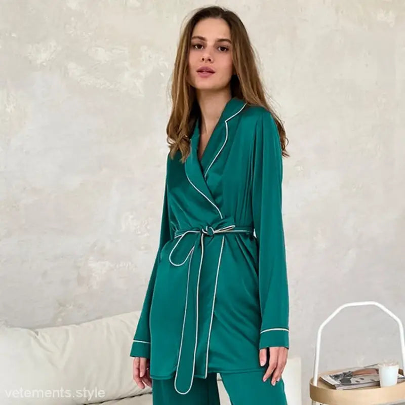 Emerald green satin cardigan pajamas robe and pajama suit for elegant lounge wear