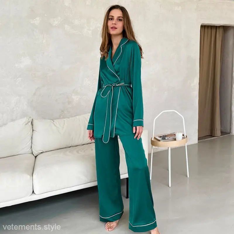 Emerald green satin cardigan pajamas robe set for comfortable loungewear and sleepwear