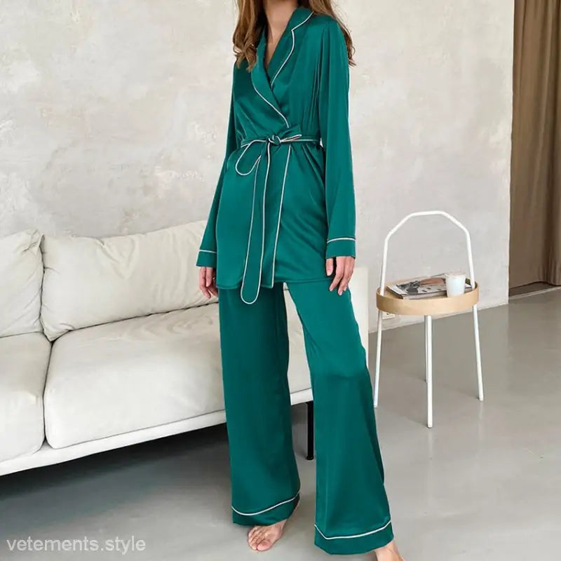 Emerald green satin cardigan pajamas robe suit for stylish loungewear comfort