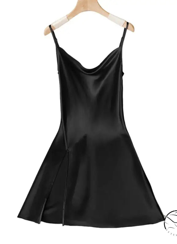 Black satin cowl neck slip dress with side slit from Lounge Regular Long Ice Silk collection