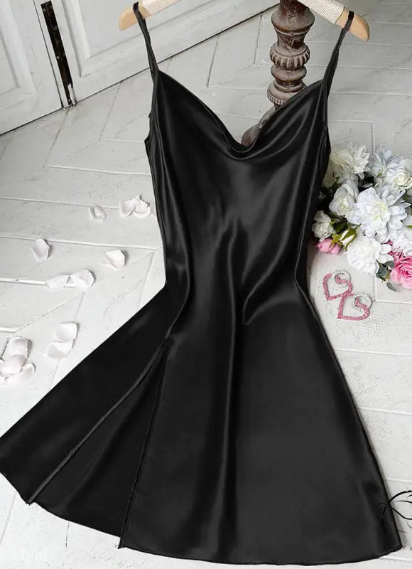 Black cowl neck satin slip dress from Lounge Regular Long Ice Silk collection