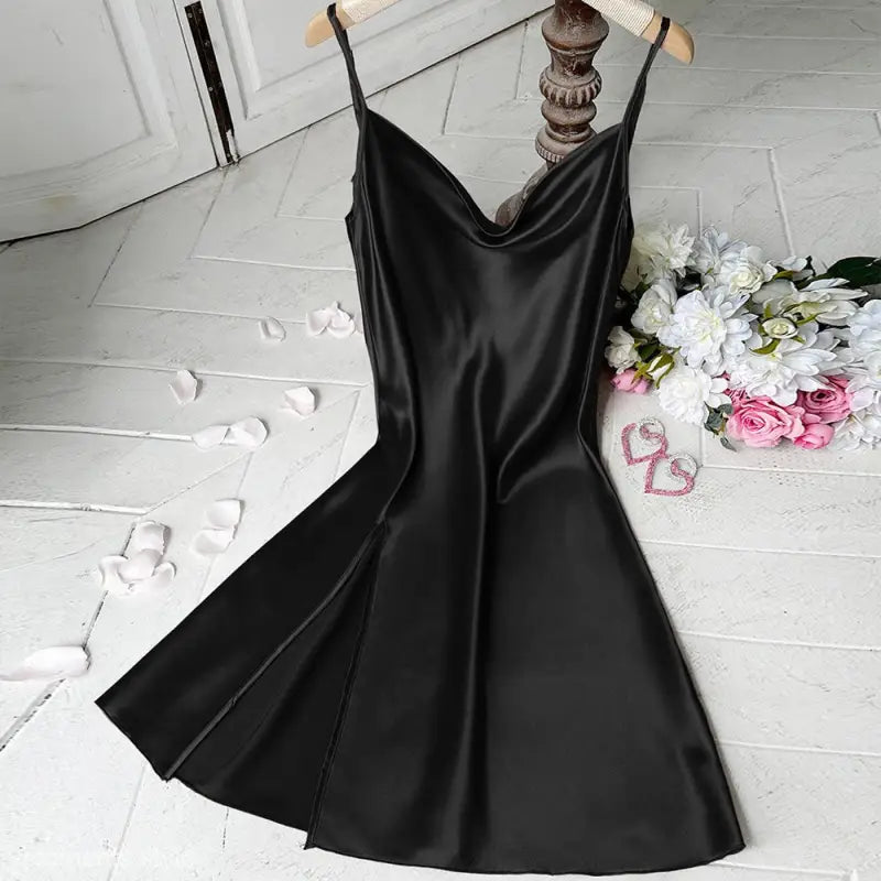 Black cowl neck satin slip dress from Lounge Regular Long Ice Silk collection