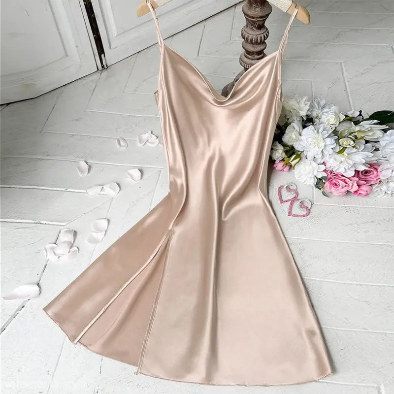Elegant Champagne satin cowl neck slip dress with side slit from Lounge Regular Long Ice Silk collection