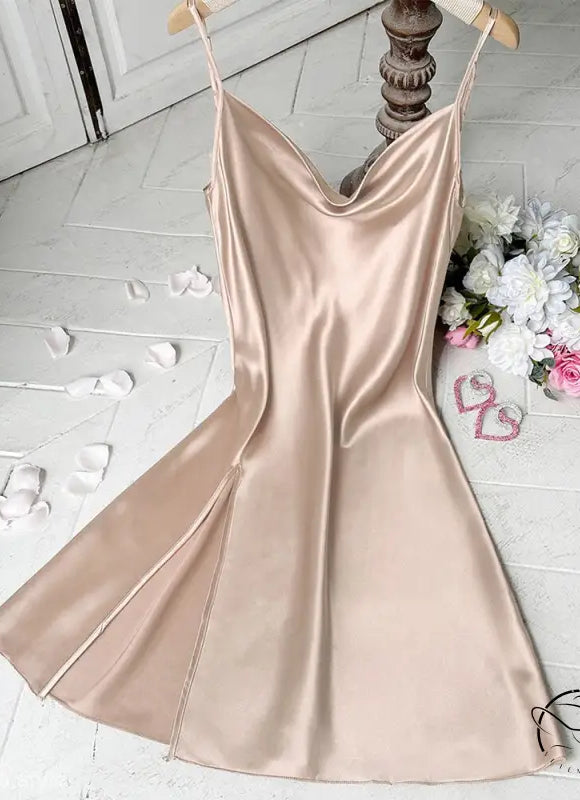 Elegant champagne satin cowl neck slip dress with side slit in Lounge Regular Long Ice Silk design