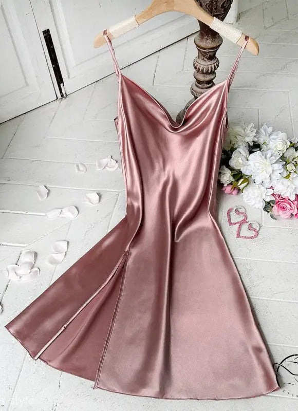 Shiny pink satin lounge dress in long ice silk with cowl neck and side slit