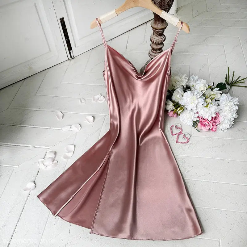 Shiny pink satin slip dress with cowl neck and side slit from Lounge Regular Long Ice Silk collection