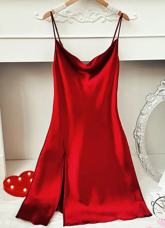 Red satin slip dress with cowl neck and side slit from Lounge Regular Long Ice Silk collection