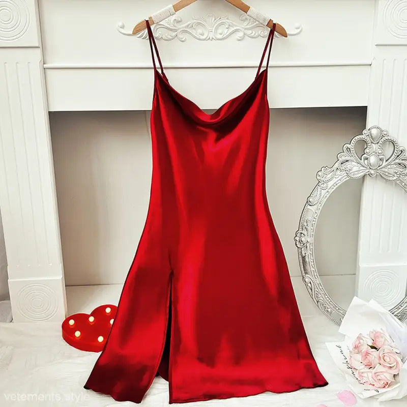 Red satin slip dress with cowl neck and side slit from Lounge Regular Long Ice Silk collection