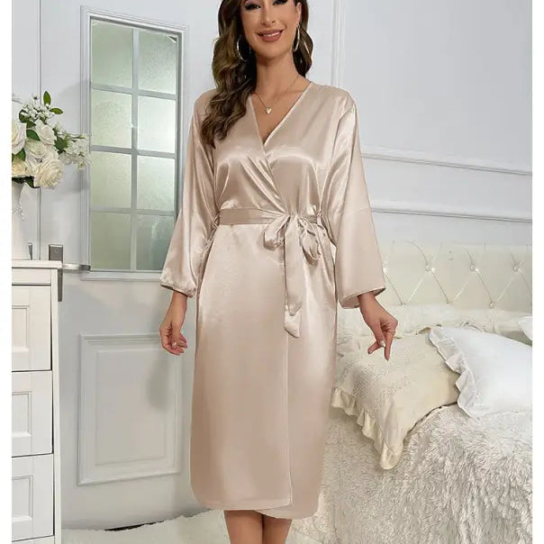 Champagne-colored silk robe with wrap style and tie waist in Lace Ice Silk fabric