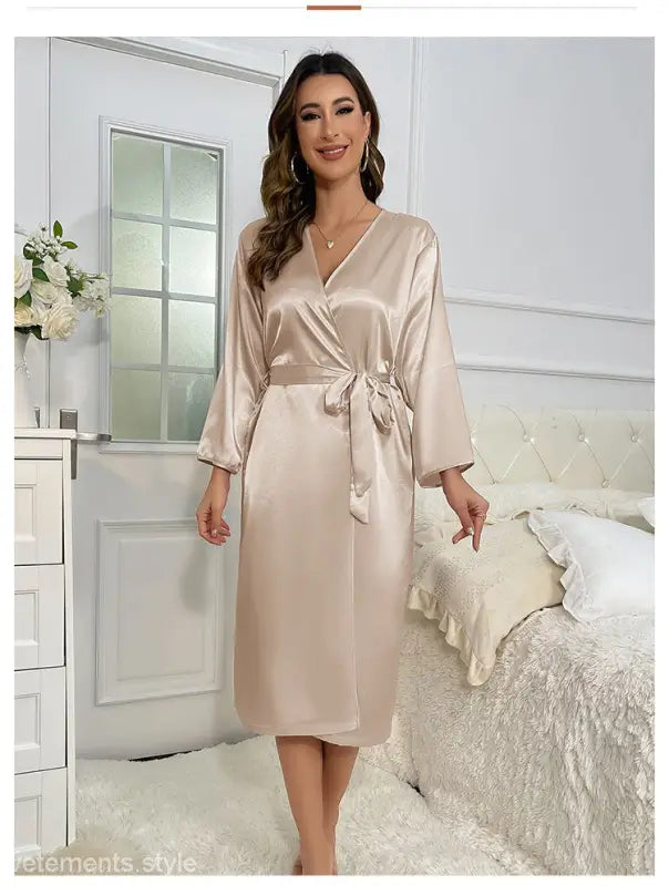 Champagne-colored silk robe with wrap style and tie waist in Lace Ice Silk fabric