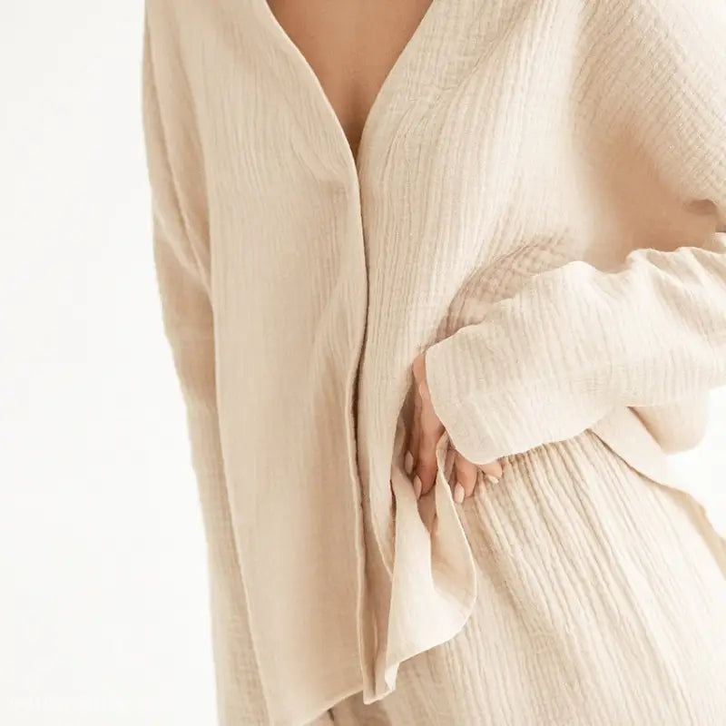 Beige textured open-front blouse from Lounge Sets, ideal for long sleeve pajamas spring and fall