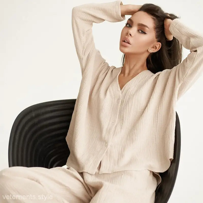 Beige linen long sleeve pajamas from Lounge Sets: Perfect for spring and fall wear