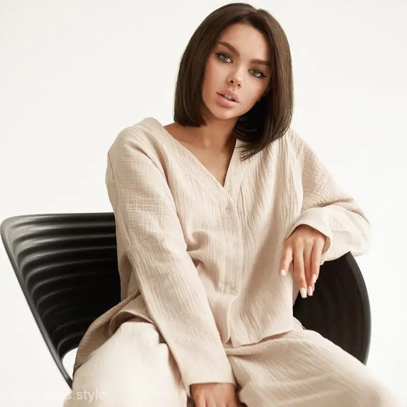 Beige long sleeve pajamas in double layer crepe for spring and fall lounging