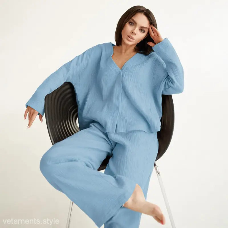 Light blue linen pajama set featuring long sleeve pajamas with summer double layer fabric