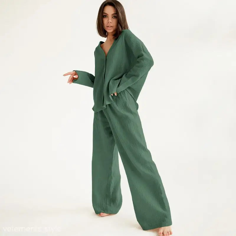 Loose-fitting green linen pajama set from Lounge Sets featuring long sleeve pajamas and summer double layer fabric