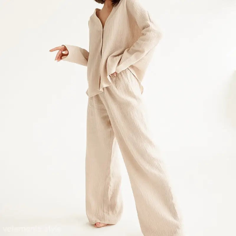 Beige linen long sleeve pajamas from Lounge Sets featuring summer double layer crepe fabric