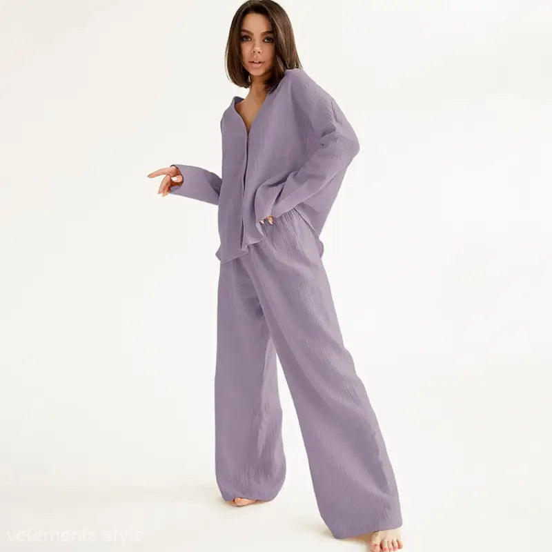 Lavender linen pajama set featuring long sleeve pajamas with summer double layer crepe fabric