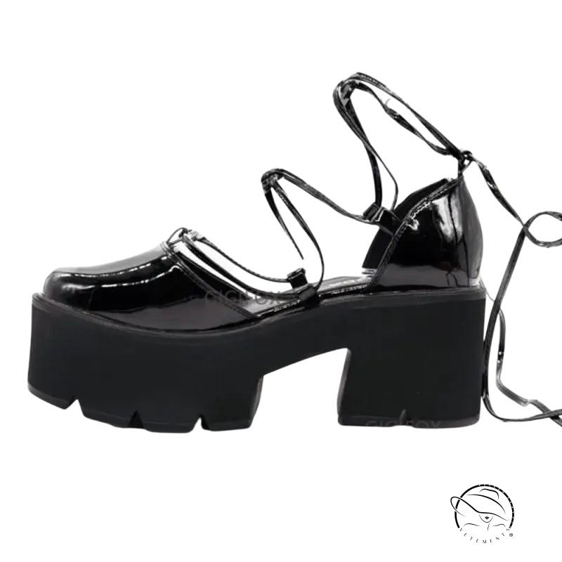 Black lovely style high heels: patent platform pump with crisscross straps