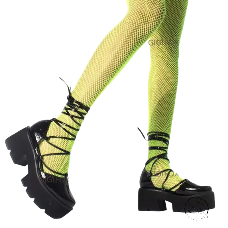 Black platform lace-up lovely style high heels with glossy finish and chunky soles