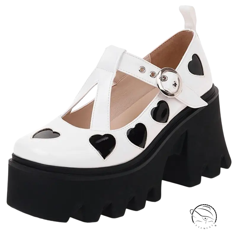White lovely style high heels: platform mary jane with black heart cutouts