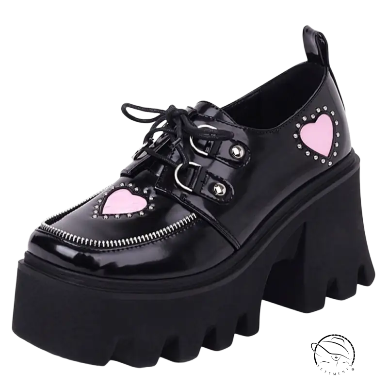 Lovely style high heels: black patent platform Mary Janes with pink hearts and silver studs